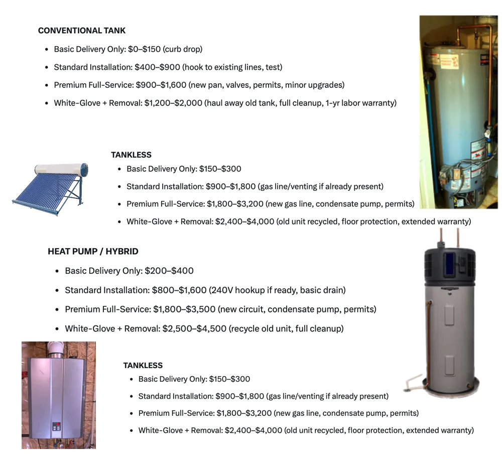 Graphic explaining different water heater delivery and installation service levels