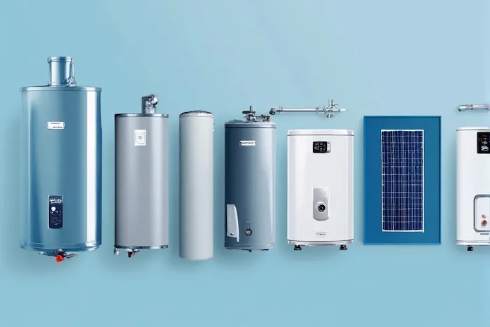 Comparison of different water heater types: conventional, tankless, heat pump, and solar