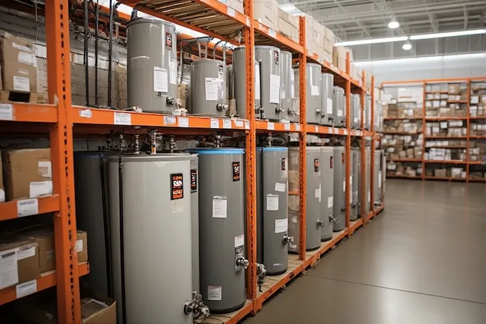 Water heater selection aisle inside a large home improvement store like Home Depot