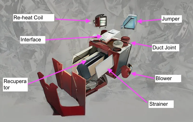 Annotated diagram of an Energy Recovery Ventilator showing core components: heat exchanger, fans, and filters