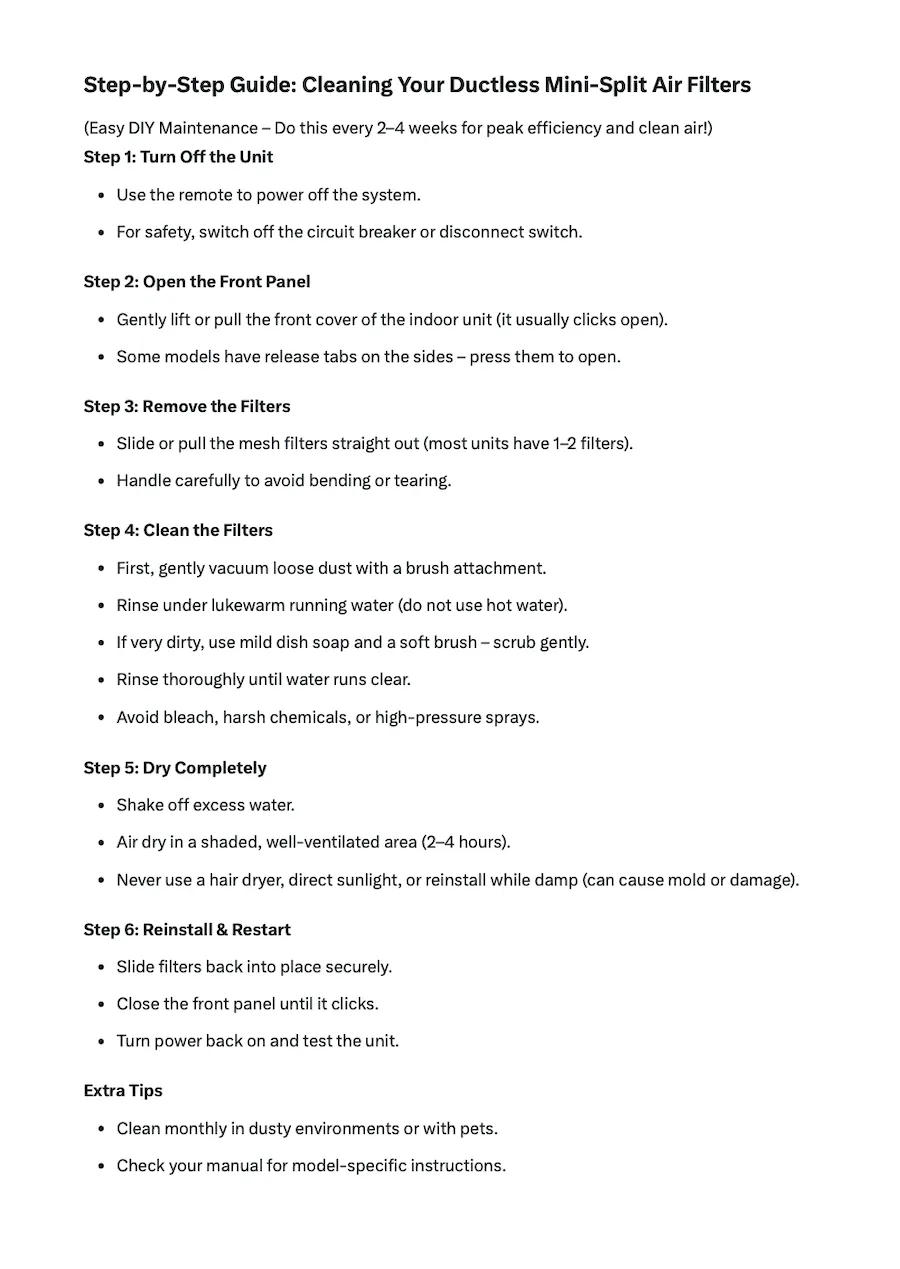 Step-by-step guide to cleaning and maintaining a ductless heat pump's air filters