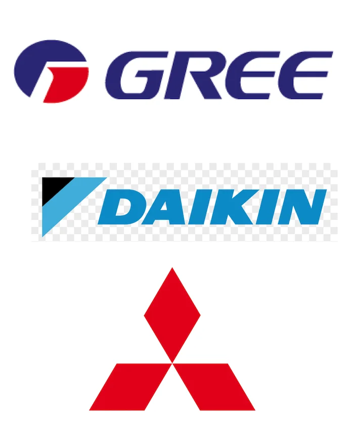Logos of top ductless heat pump brands: Mitsubishi, Daikin, and Gree
