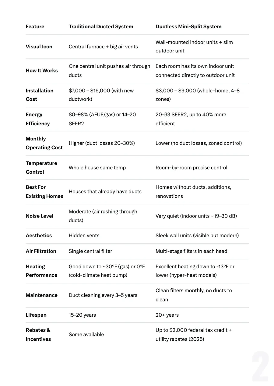 Comparison graphic: traditional ducted HVAC system vs. modern ductless mini-split system