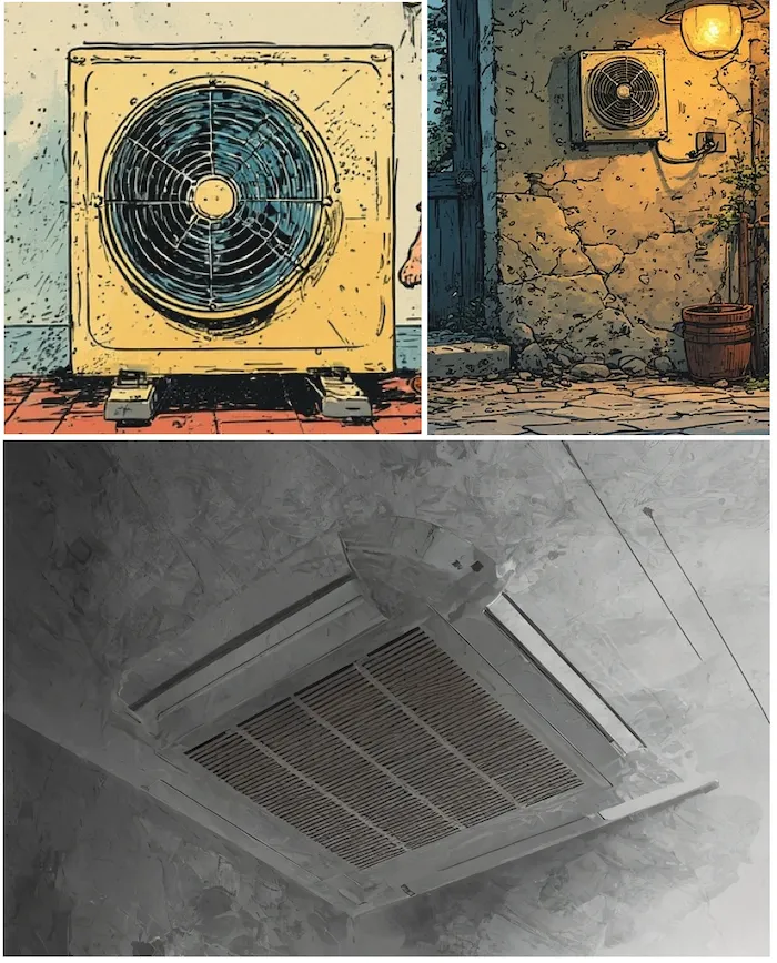 Collage showing different types of ductless heat pumps: wall-mounted, ceiling cassette, and floor-standing models