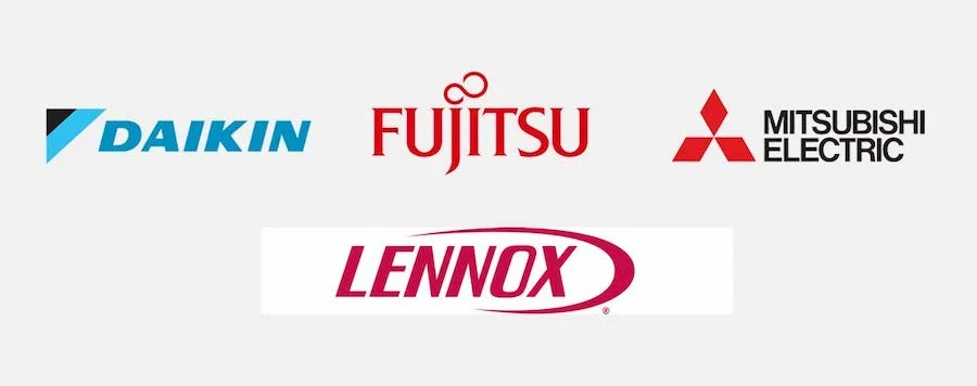 Logos des marques de thermopompes populaires : Daikin, Mitsubishi, Fujitsu, Lennox