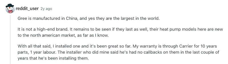 Avis client positif mentionnant la fiabilité et la durabilité d'une thermopompe GREE sur plusieurs années