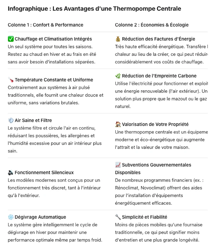Infographie des avantages d'une thermopompe centrale pour le chauffage et la climatisation