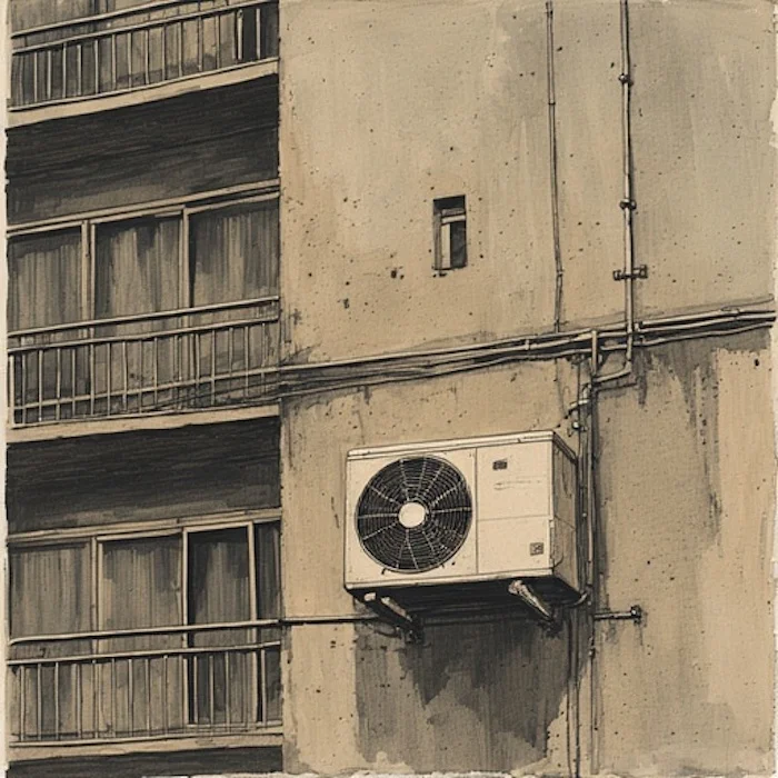 Unité extérieure de thermopompe centrale installée sur une base surélevée pour la protéger