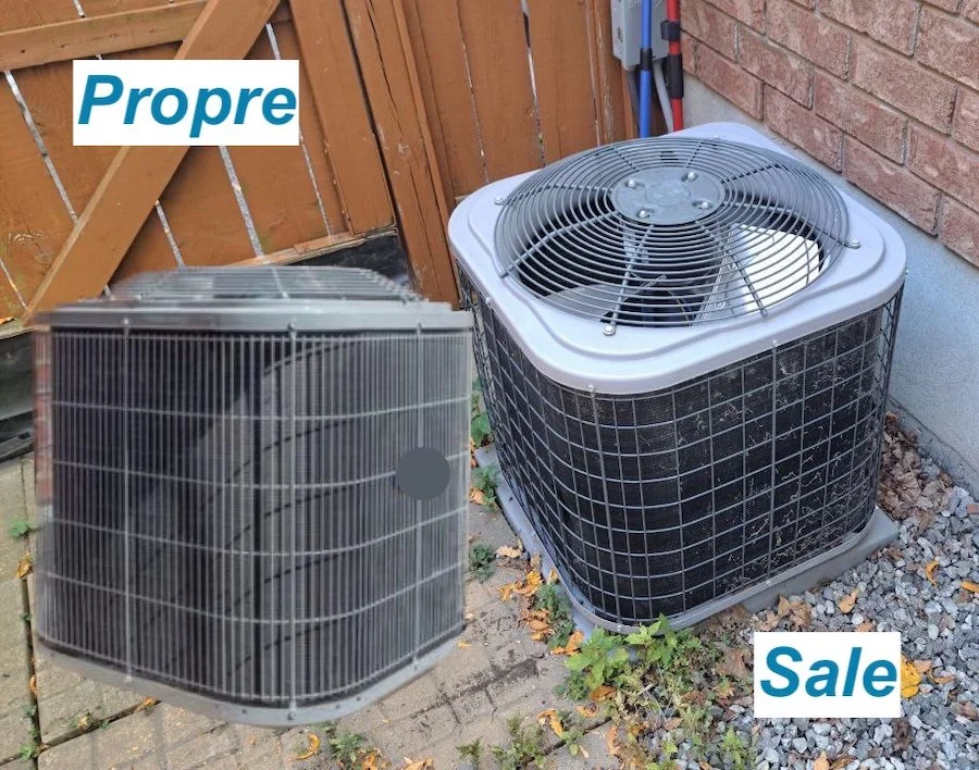 Comparaison avant/après le nettoyage d'une unité extérieure de thermopompe montrant l'importance de l'entretien