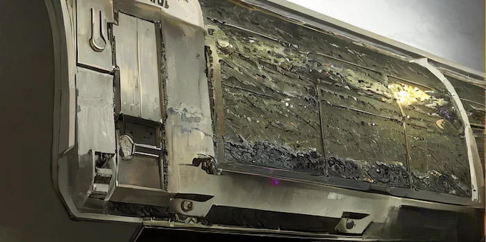 Détail de la poussière et des saletés accumulées sur un climatiseur mural nécessitant un nettoyage urgent