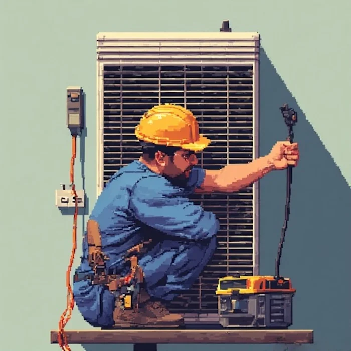 Technicien CVC professionnel effectuant une maintenance technique approfondie sur un climatiseur