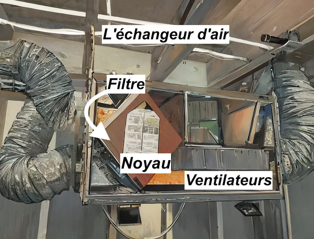 Diagramme annoté des composants principaux d'un échangeur d'air : cœur, ventilateurs, filtre