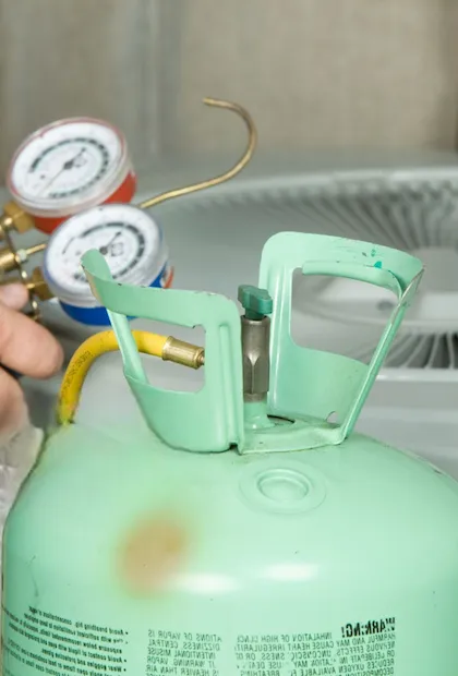 Un gros plan d'une bouteille de fluide frigorigène vert clair avec un tuyau jaune relié à un manomètre collecteur. Un climatiseur est visible en arrière-plan, légèrement flou.