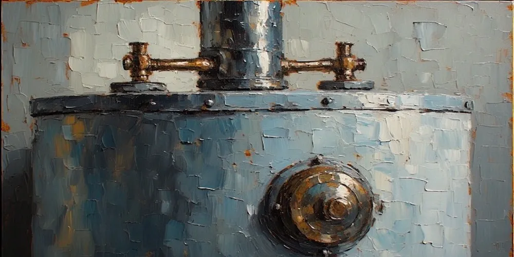 Un gros plan de style peinture à l'huile du haut d'un chauffe-eau bleu, montrant des coups de pinceau prononcés, des bords rouillés et des raccords de tuyaux métalliques.