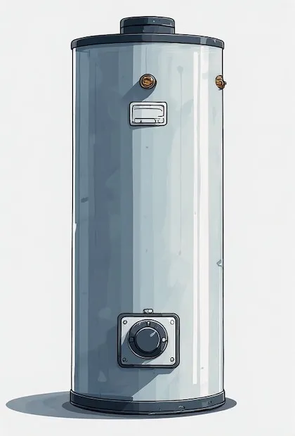 Une illustration épurée et minimaliste d'un grand chauffe-eau gris clair sur un fond blanc uni. Il possède une base et un sommet noirs simples, une petite étiquette rectangulaire vers le haut et un cadran de commande circulaire en bas. Le style rappelle l'animation 2D moderne.