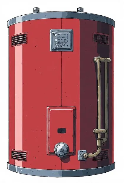 Une large chaudière cylindrique rouge vif représentée dans un style d'anime classique dessiné à la main. Elle comporte des grilles de ventilation en haut et en bas, un panneau de commande et un tuyau en laiton ou en cuivre bien visible qui s'étend verticalement sur le côté. L'ombrage et le trait lui donnent un aspect mécanique vintage.